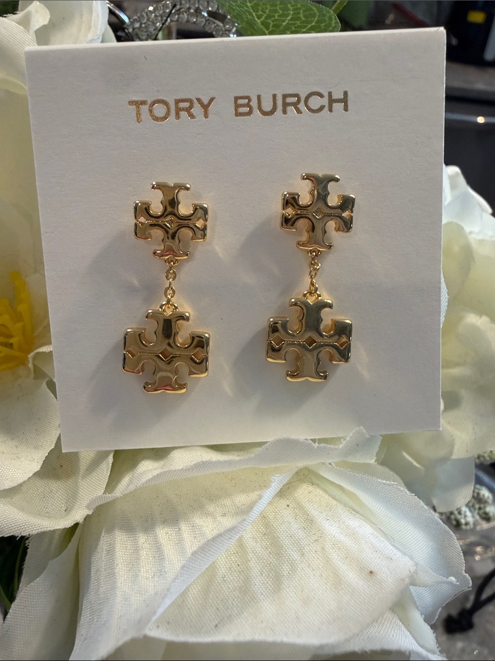 Tory Burch Gold Double-Tier Logo Drop Earrings